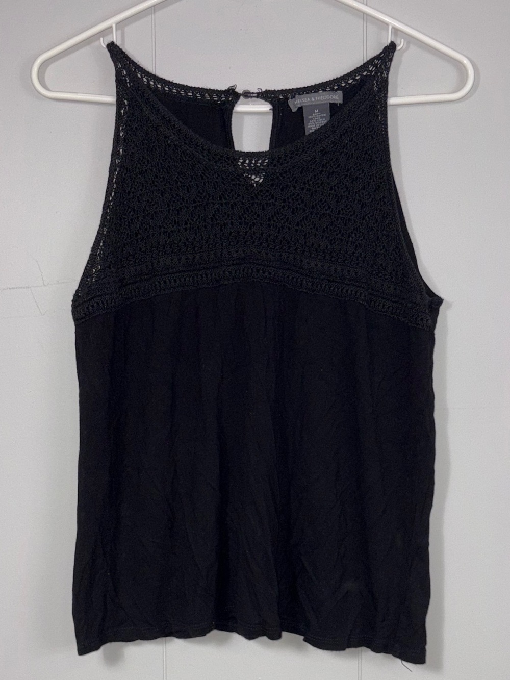 Chelsea & Theodore Black Knit Lace Trim Sleeveless Linen Black Top Medium Preppy